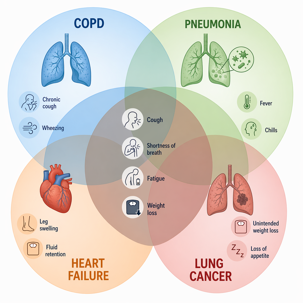 Overlapping circles showing COPD, pneumonia, heart failure, and lung cancer sharing symptoms such as cough, shortness of breath, fatigue, and weight loss