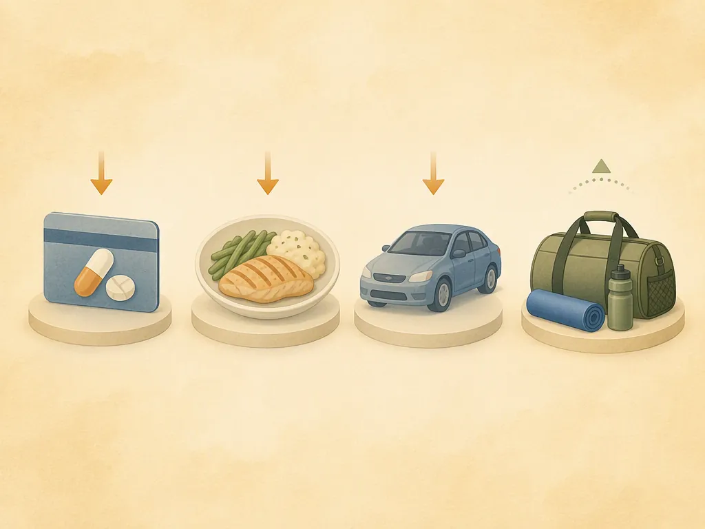 Icons for OTC, meal, transportation, and fitness benefits with downward indicators on the first three