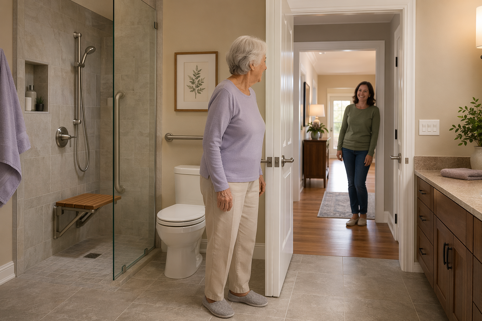 A warm residential bathroom with a curbless zero-entry shower, teak fold-down seat, brushed nickel grab bar, and comfort-height toilet. An adult child stands in the adjacent hallway near a wider doorway with lever-style handles.