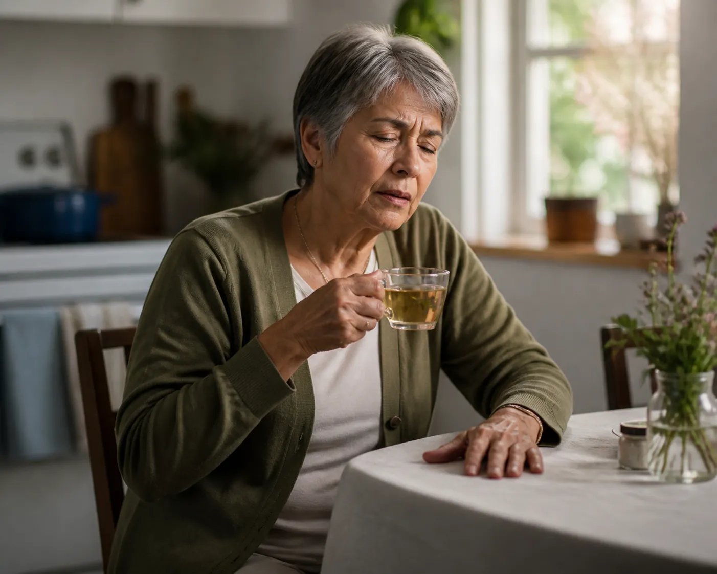 Older adult at a kitchen table holding herbal tea while looking lightheaded