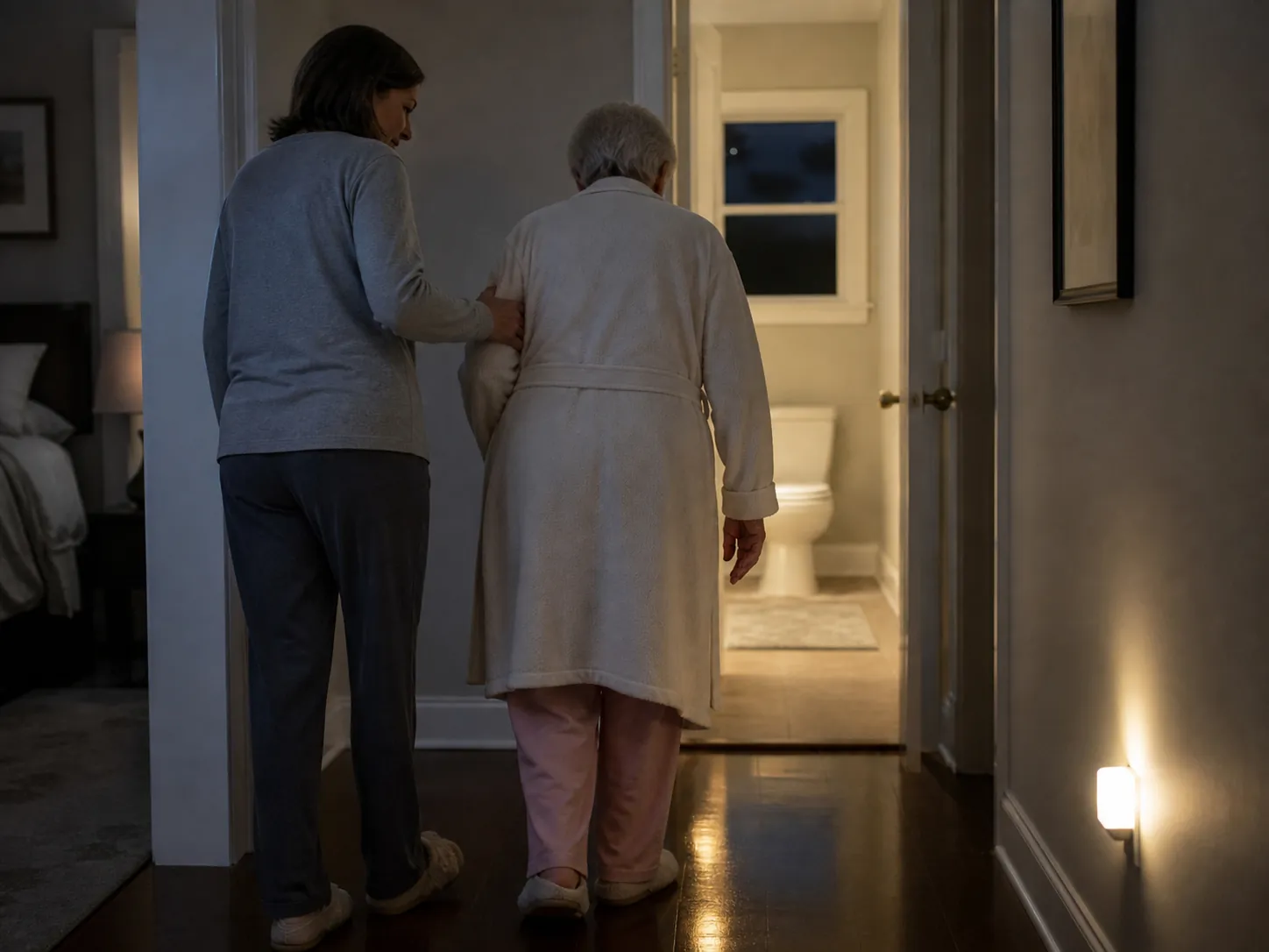 Adult child steadying an older parent during a nighttime walk toward the bathroom