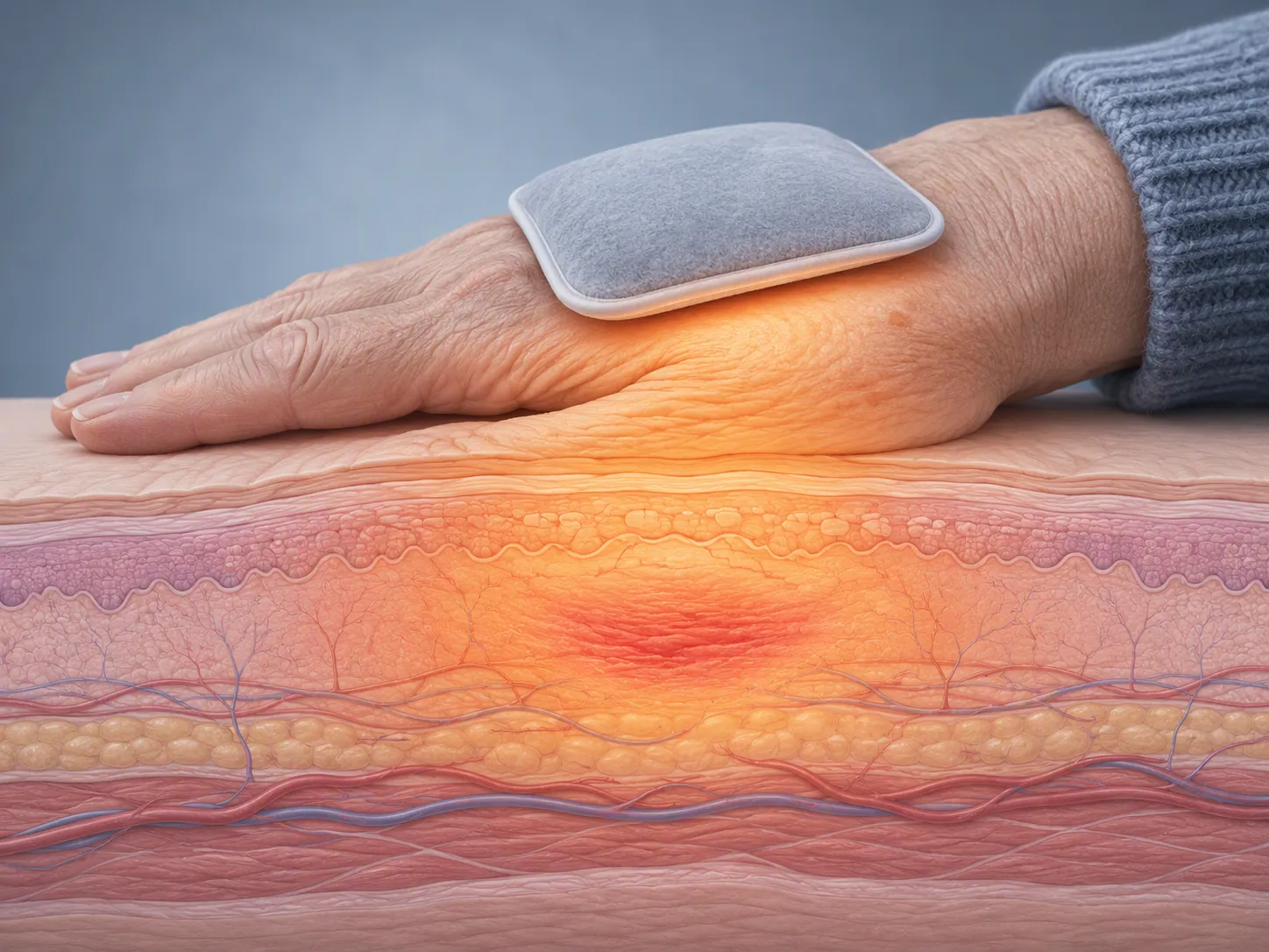 Conceptual illustration of heat from a hand warmer affecting older skin