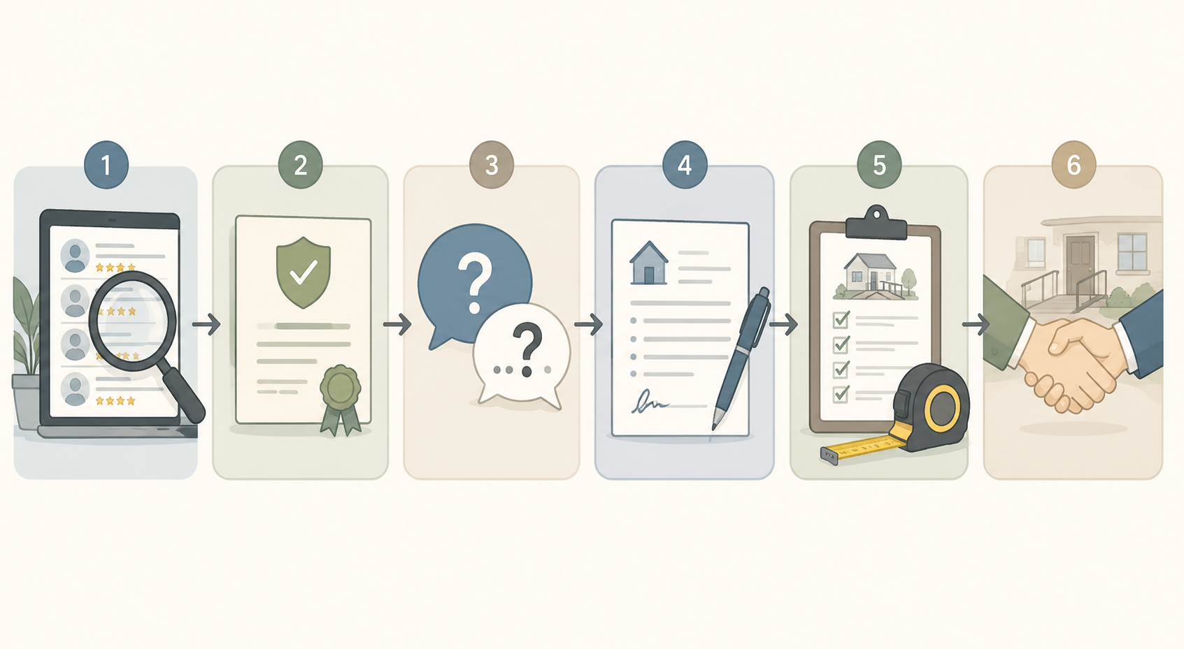 Workflow illustration for searching, verifying, interviewing, contracting, assessing, and completing a home modification project