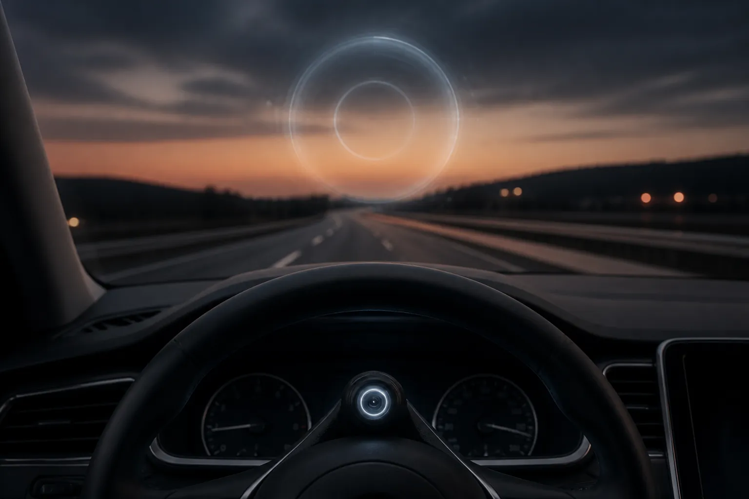 View from inside a modern car at dusk with a dashboard camera lens and highway ahead