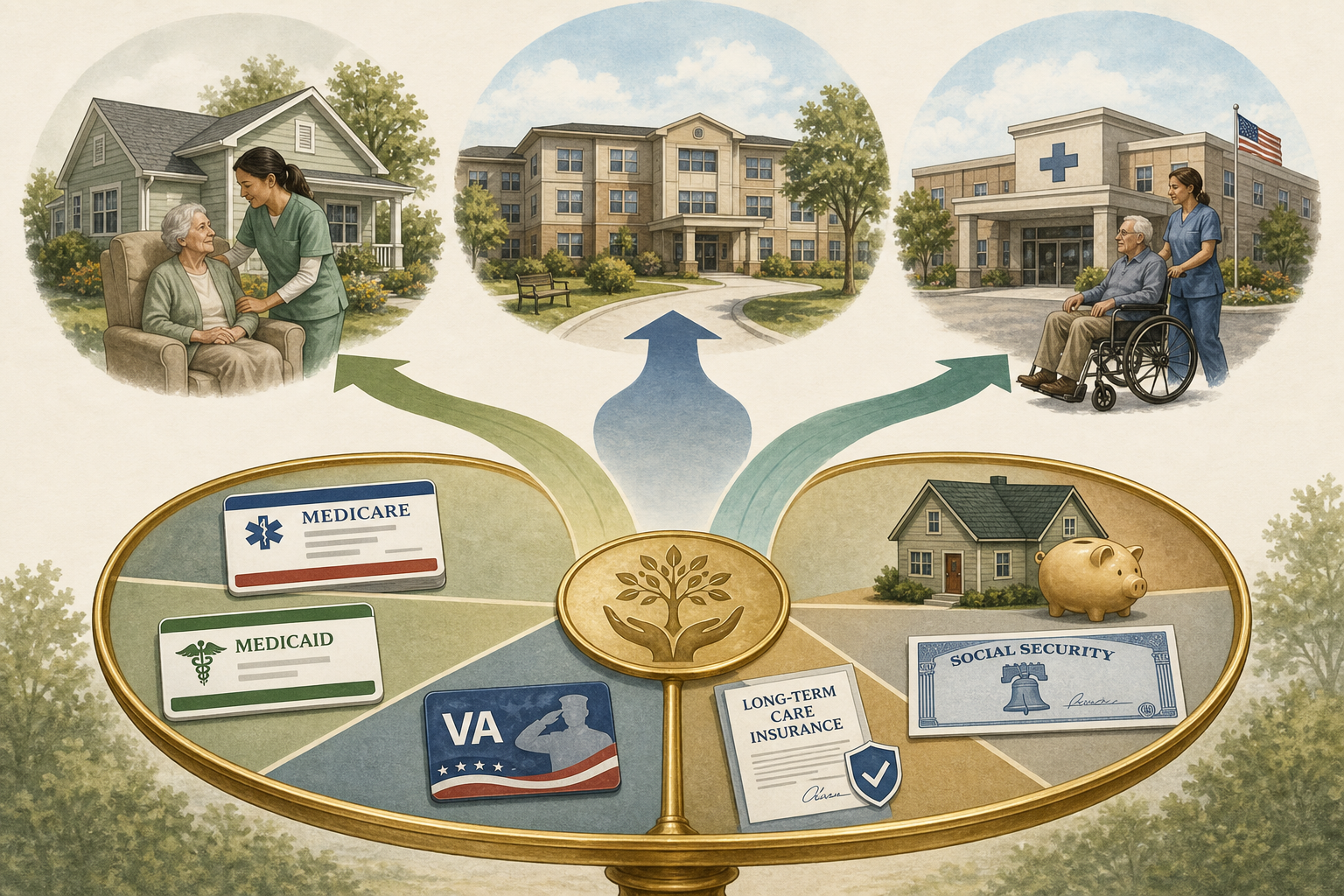 An editorial illustration showing a hybrid funding strategy: three care setting icons (home care, assisted living, nursing home) at the top, with multiple funding sources flowing upward — Medicare card, Medicaid card, VA benefits icon, LTC insurance policy, Social Security check, and personal savings — arranged in a balanced composition against warm sage green and blue tones