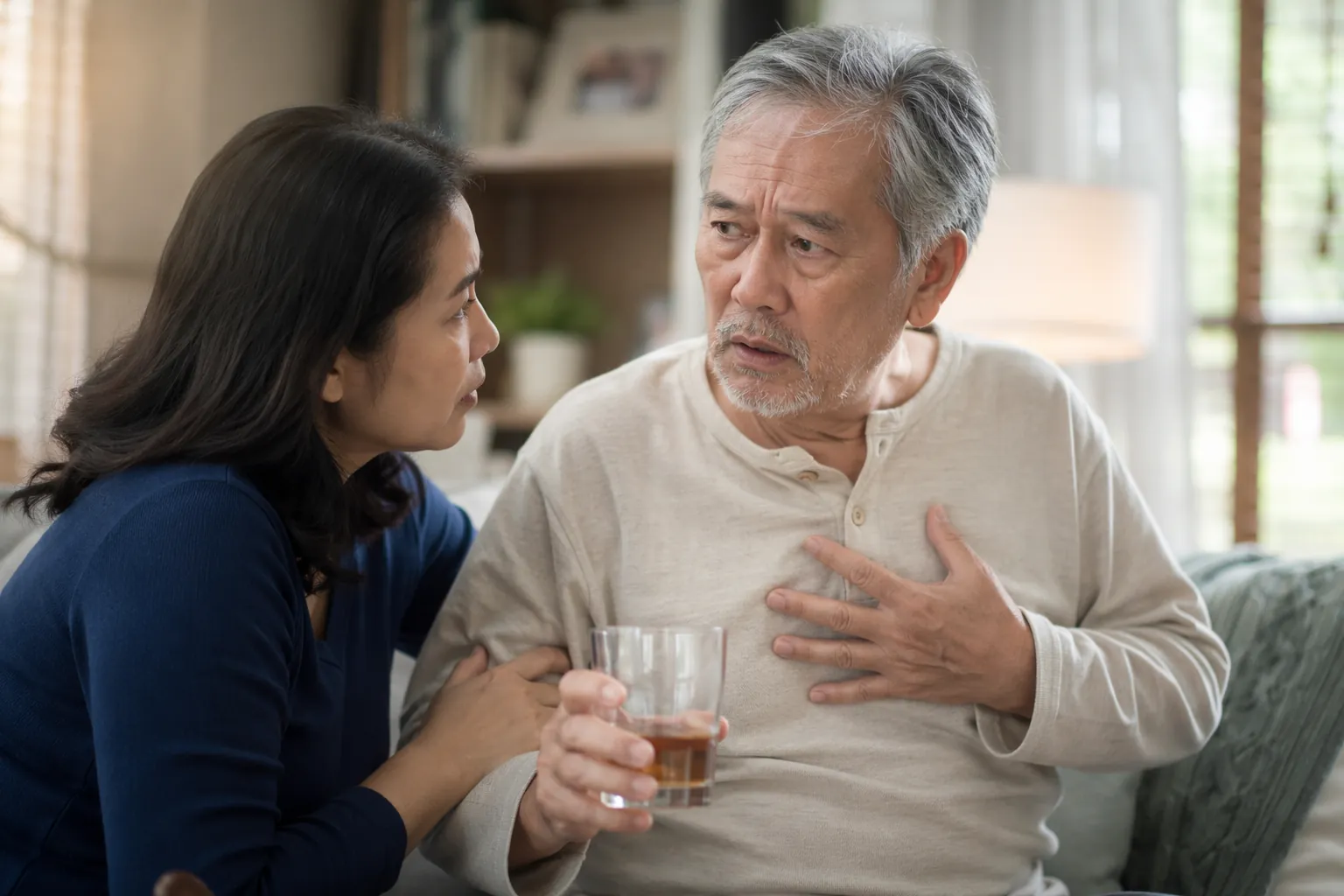Caregiver checks on an older family member who appears weak and disoriented at home
