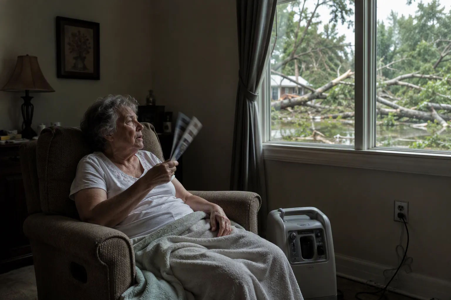 Older adult in a hot living room after a hurricane power outage with oxygen equipment nearby and storm damage outside