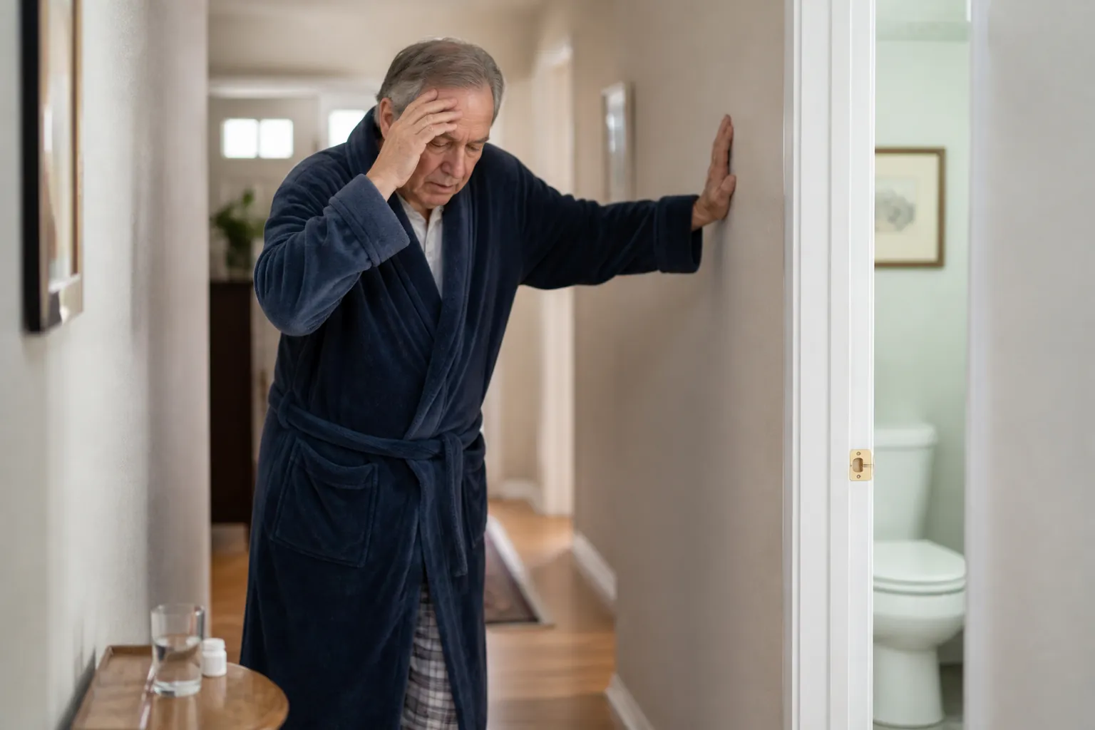 Older man in a bathrobe steadying himself on a hallway wall near a bathroom door