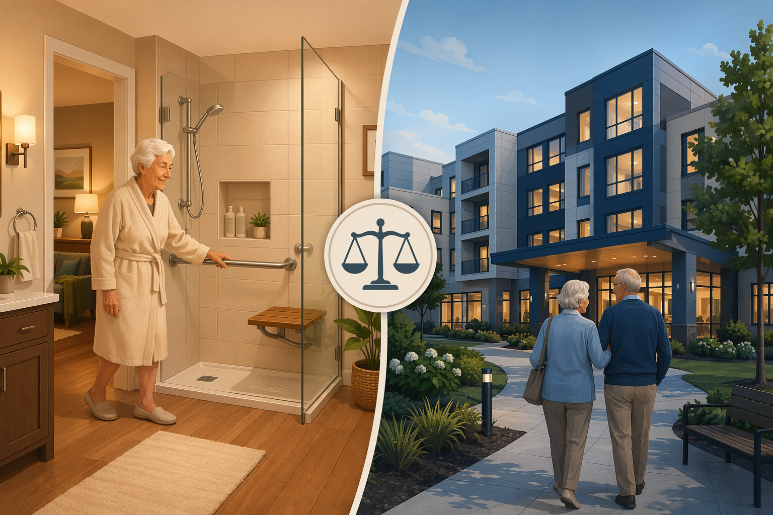 A side-by-side editorial illustration comparing two living scenarios. On the left, a warm home interior with a senior using a grab bar beside a walk-in shower in a remodeled bathroom. On the right, a modern senior living facility in cooler blue-gray tones.