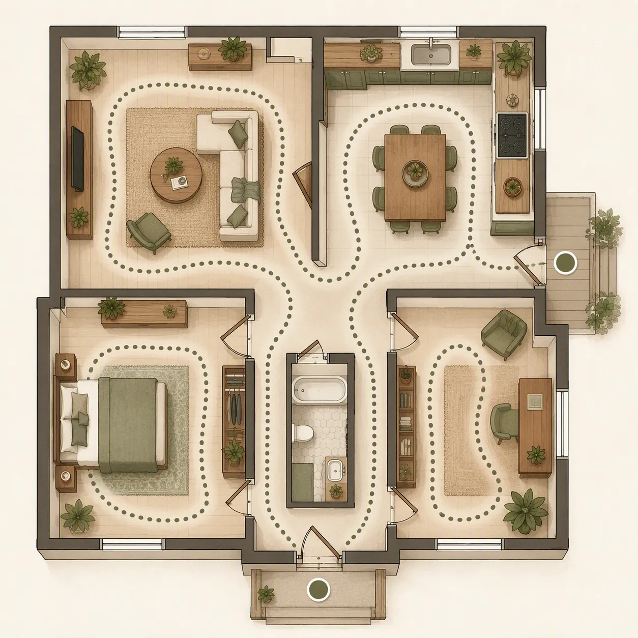 Simple home floor plan showing a repeated walking route through rooms and toward exits
