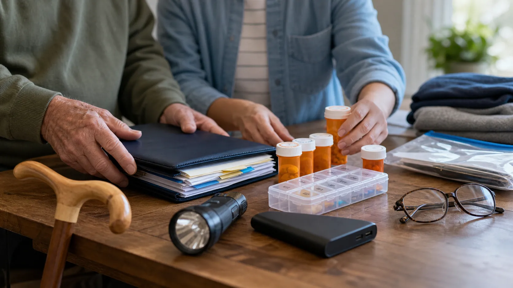 Older adult and caregiver arranging hurricane supplies, prescriptions, documents, a flashlight, battery pack, glasses, and a cane on a kitchen table