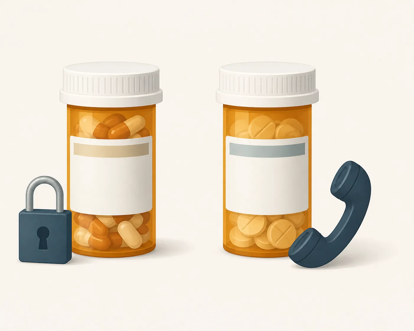 Illustration of prescription bottles with padlock and phone icons showing medications that require special handling