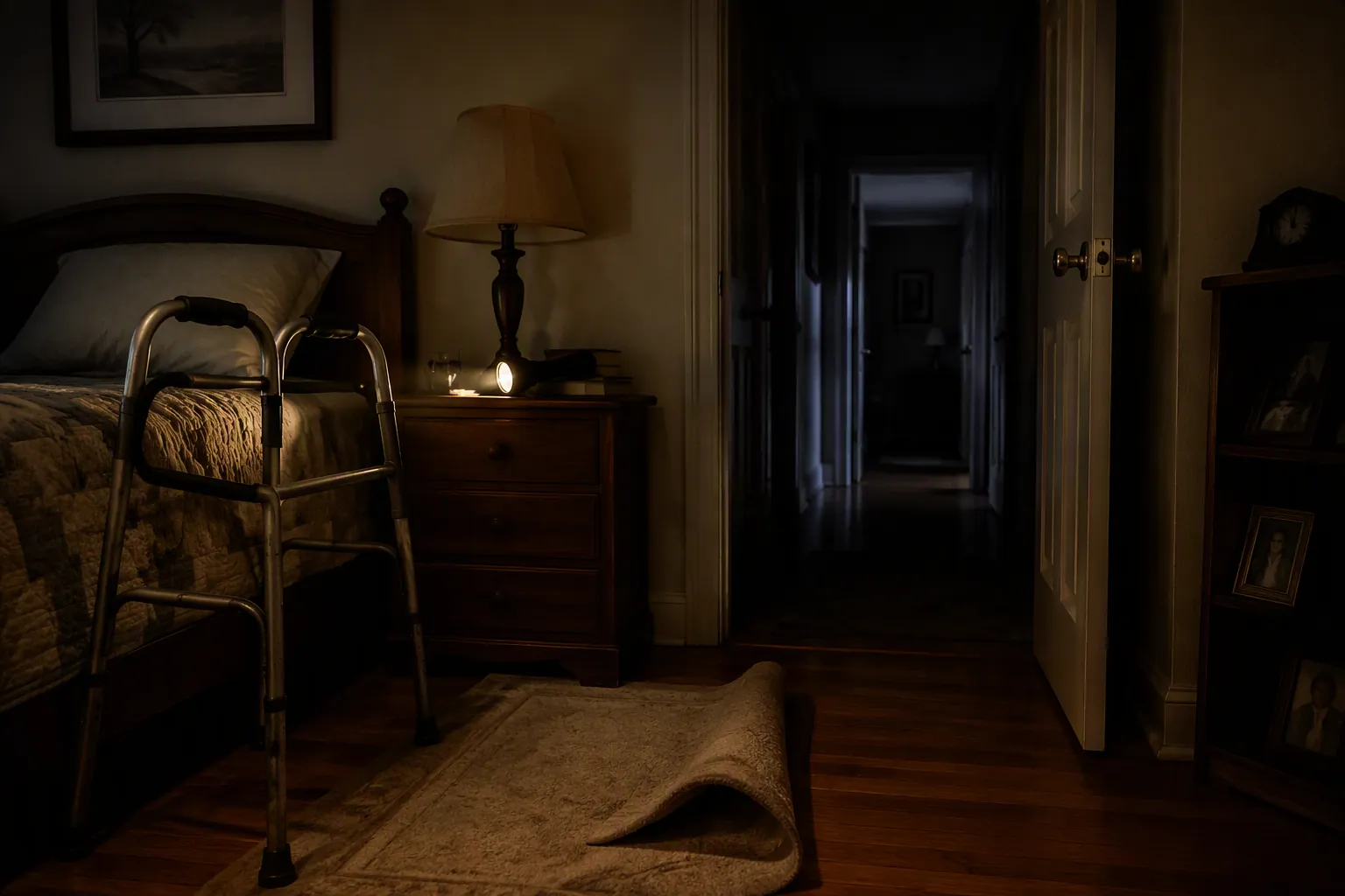 Dim senior bedroom at night with a walker, flashlight, loose rug, and dark hallway