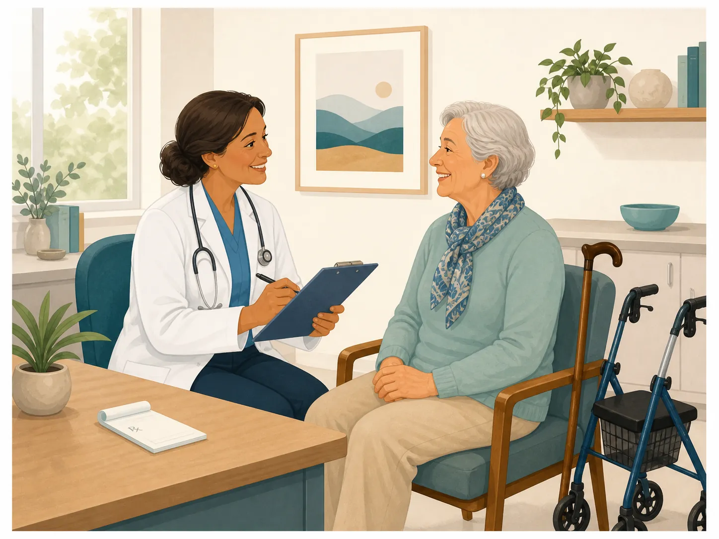 Doctor screening an older adult in an exam room with a cane and rollator walker nearby