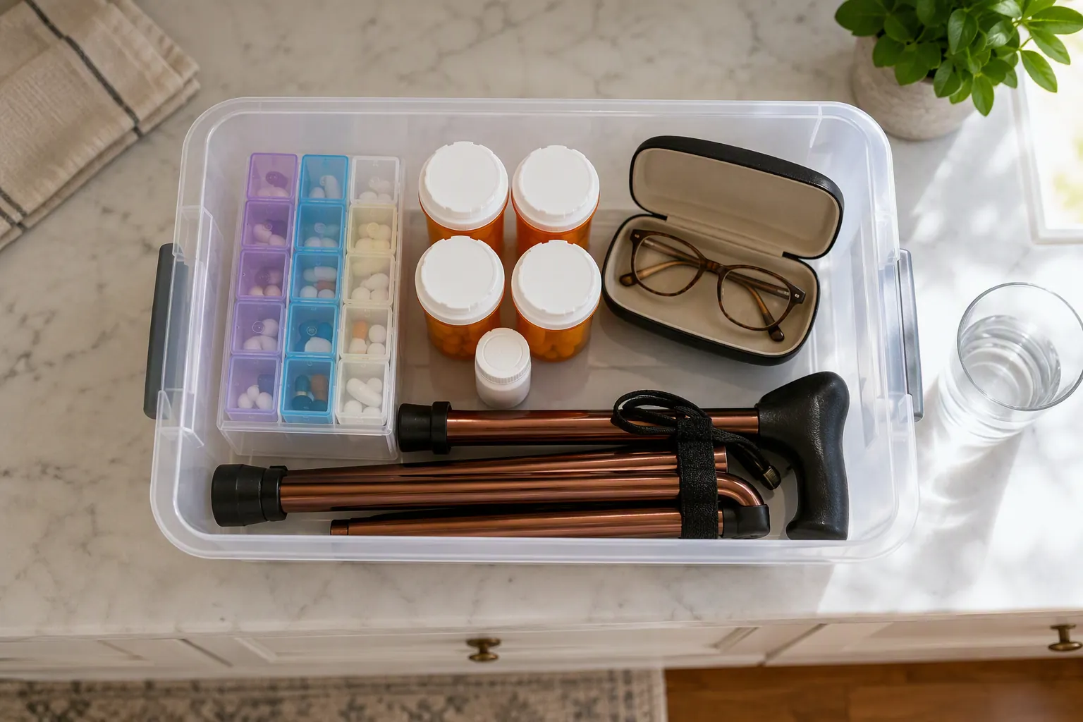 Clear emergency medication kit with pill organizer, prescription bottles, spare eyeglasses, and folded walking cane