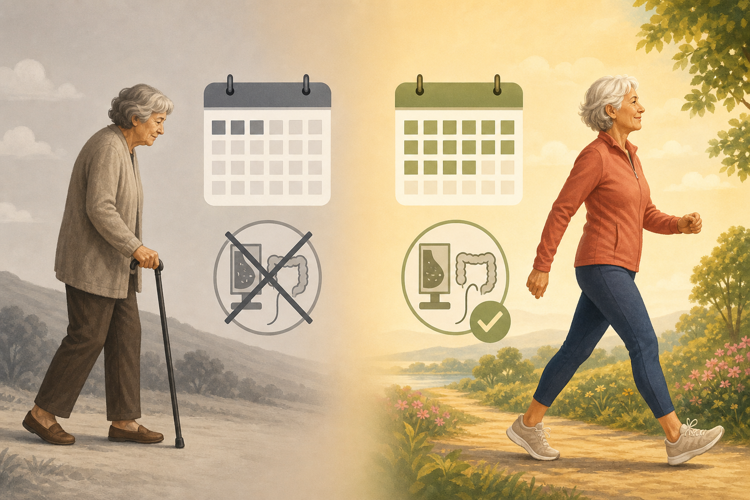 A side-by-side editorial illustration comparing frailty and screening benefit. Left: a person with a cane beside a muted calendar and a crossed-out screening icon. Right: an active older adult beside a brighter calendar and a screening icon with a checkmark.