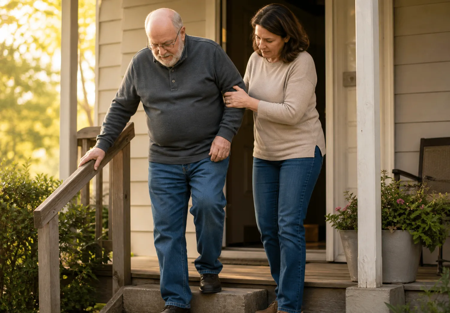 Older man gripping a railing while stepping down from a porch as his adult daughter stands nearby to steady him