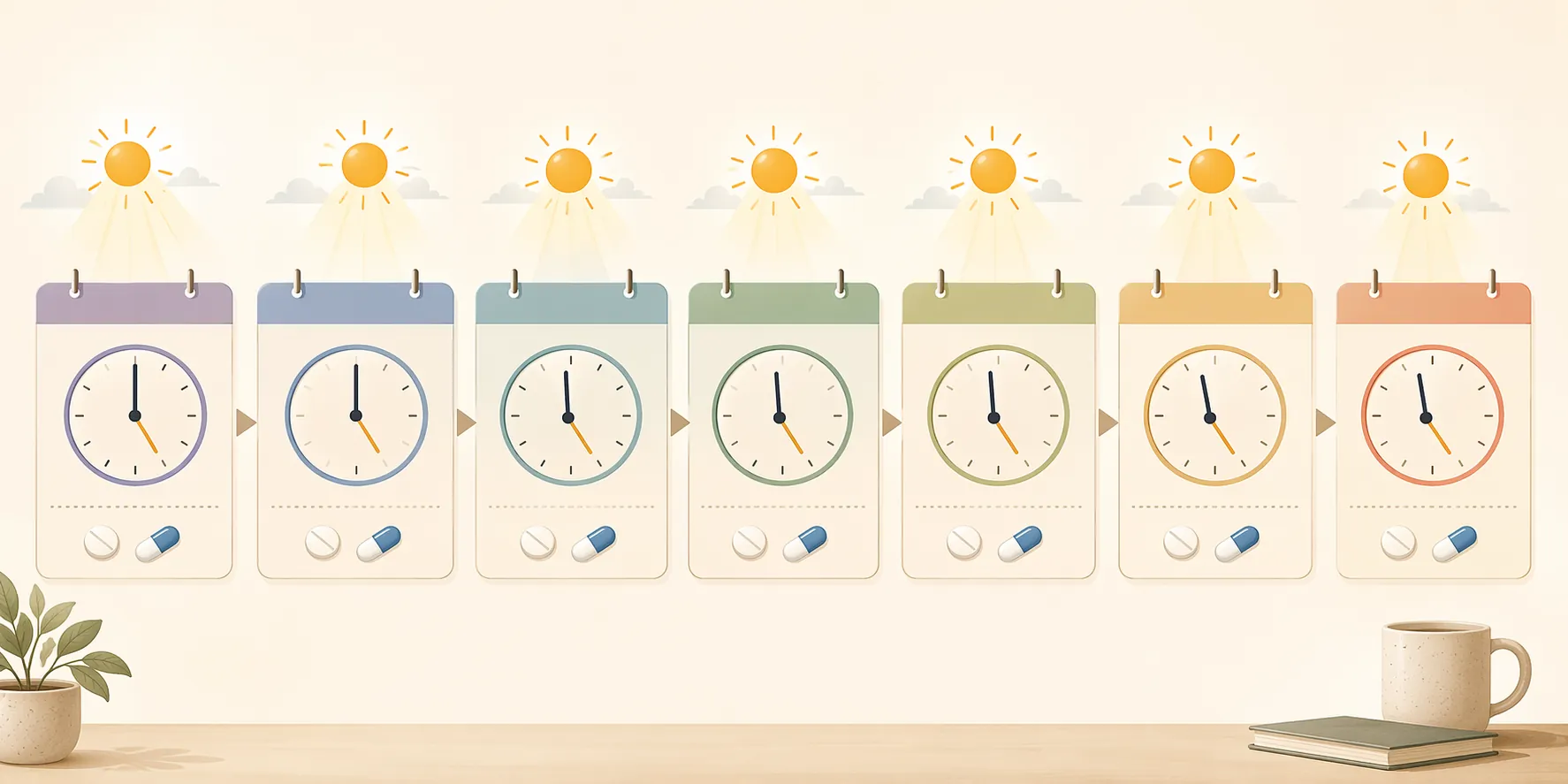 Seven-day calendar showing a gradual sleep schedule shift with morning light and medication reminders