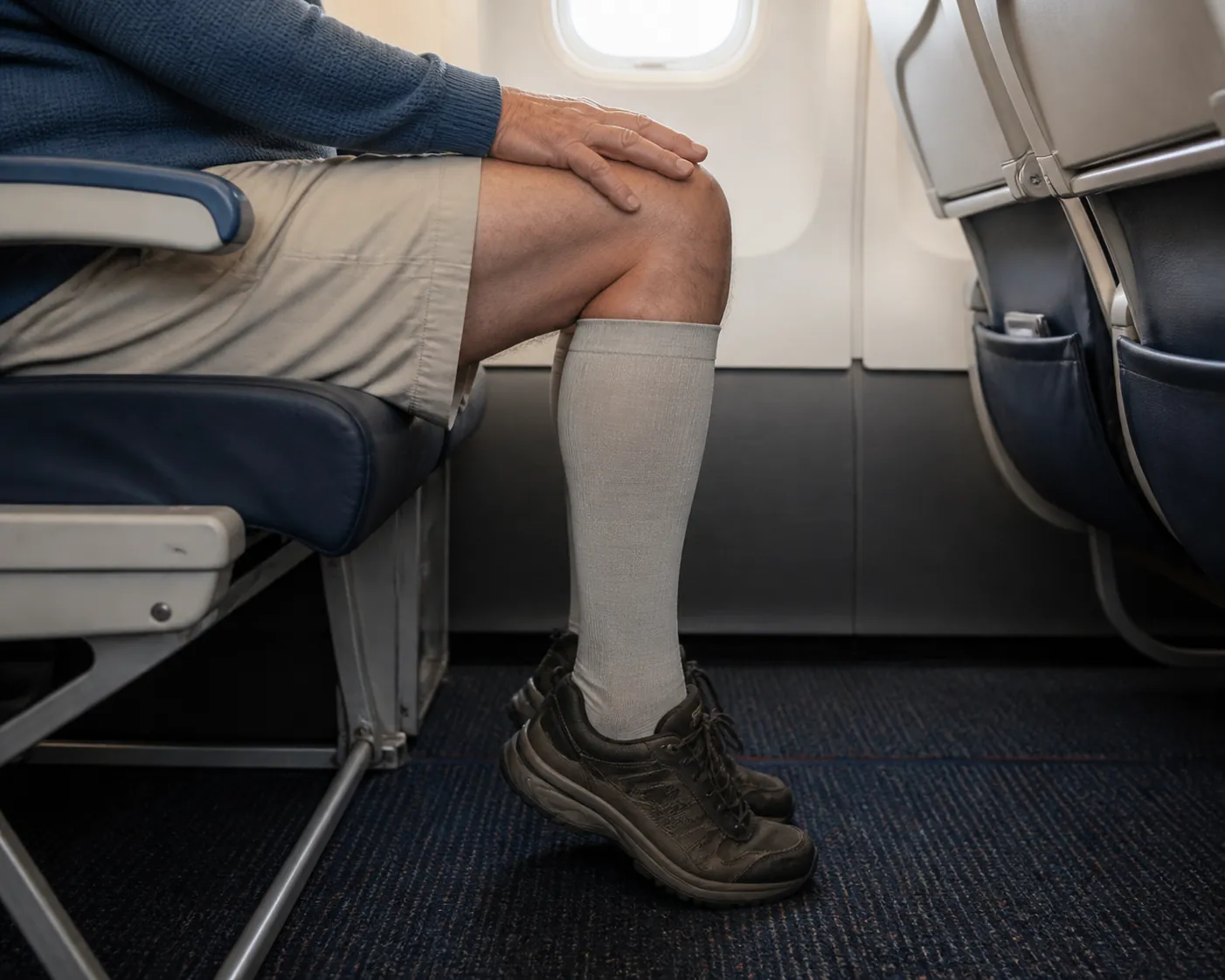 Older traveler doing a seated heel-raise exercise in an airplane seat while wearing light compression socks