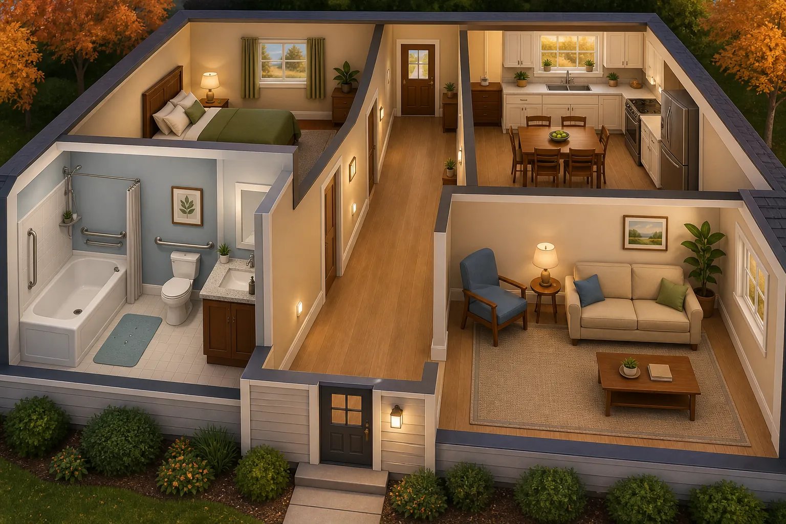 A cutaway illustration of a single-story home with fall-safety features including a grab bar, nightlight, clear hallway, and secure rug