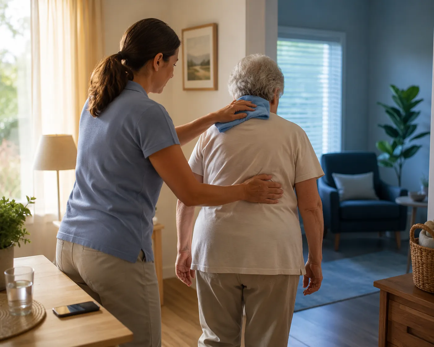 Caregiver helping an older adult move to a cooler shaded area with a cool compress and phone nearby
