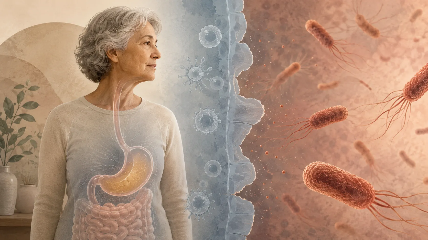 Illustration of an older adult with weakened immune barriers and reduced stomach acid facing Salmonella bacteria