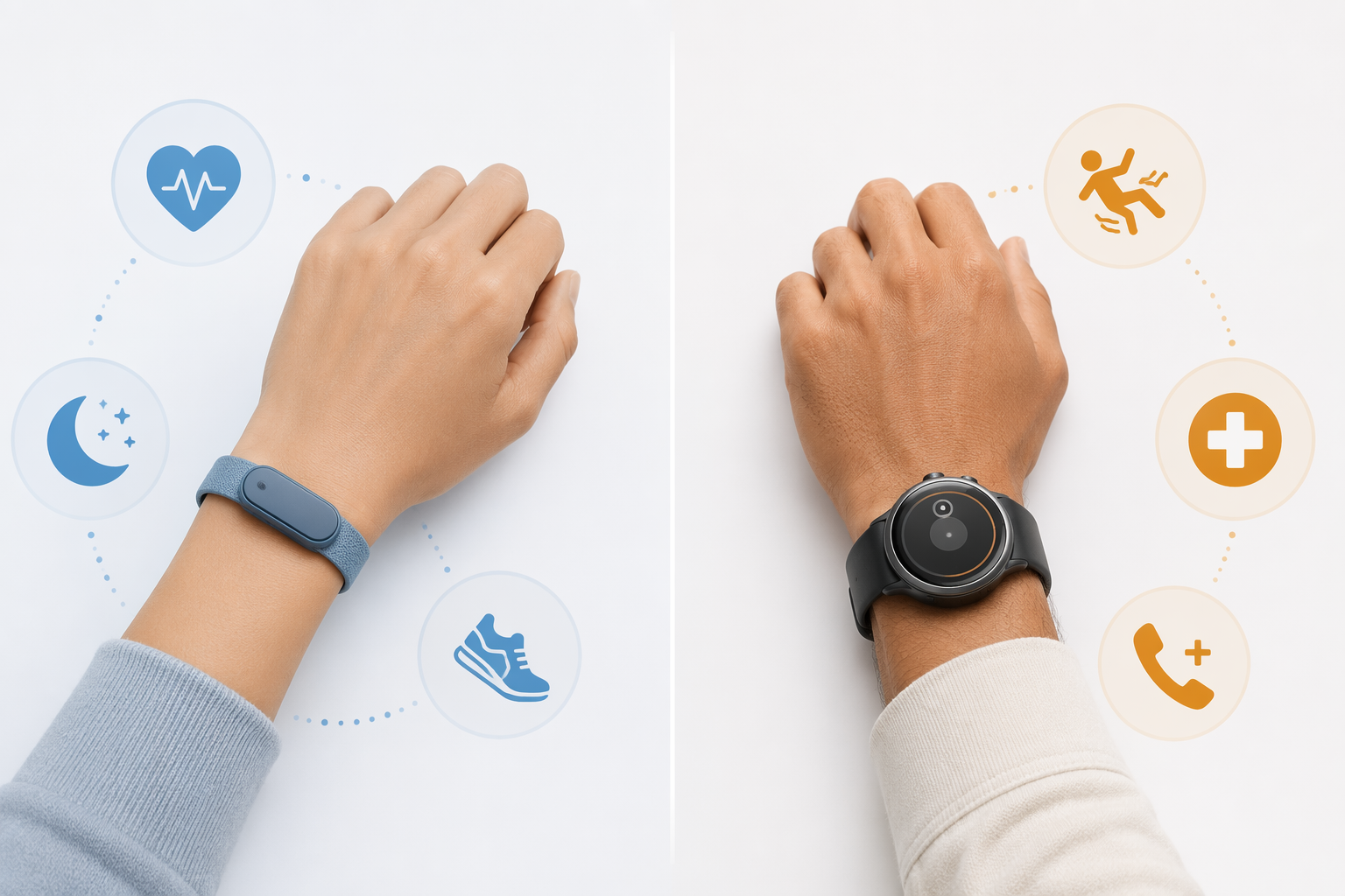 Comparison of a screenless wellness band and a medical alert watch with safety icons