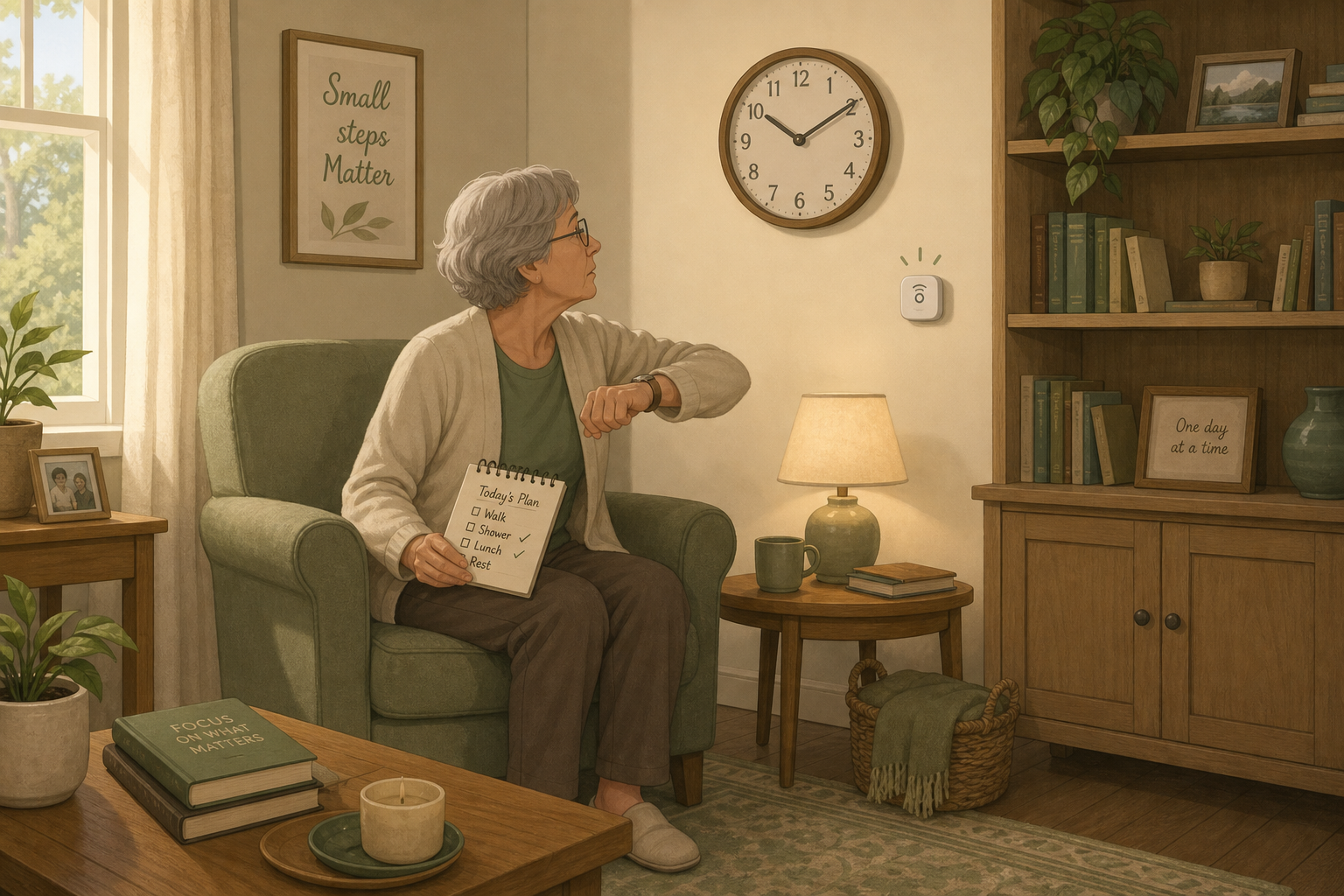 A flat vector illustration of a cozy living room with an older adult sitting in an armchair glancing at a wall clock with a slightly tense expression. A small sensor icon is visible on the wall.