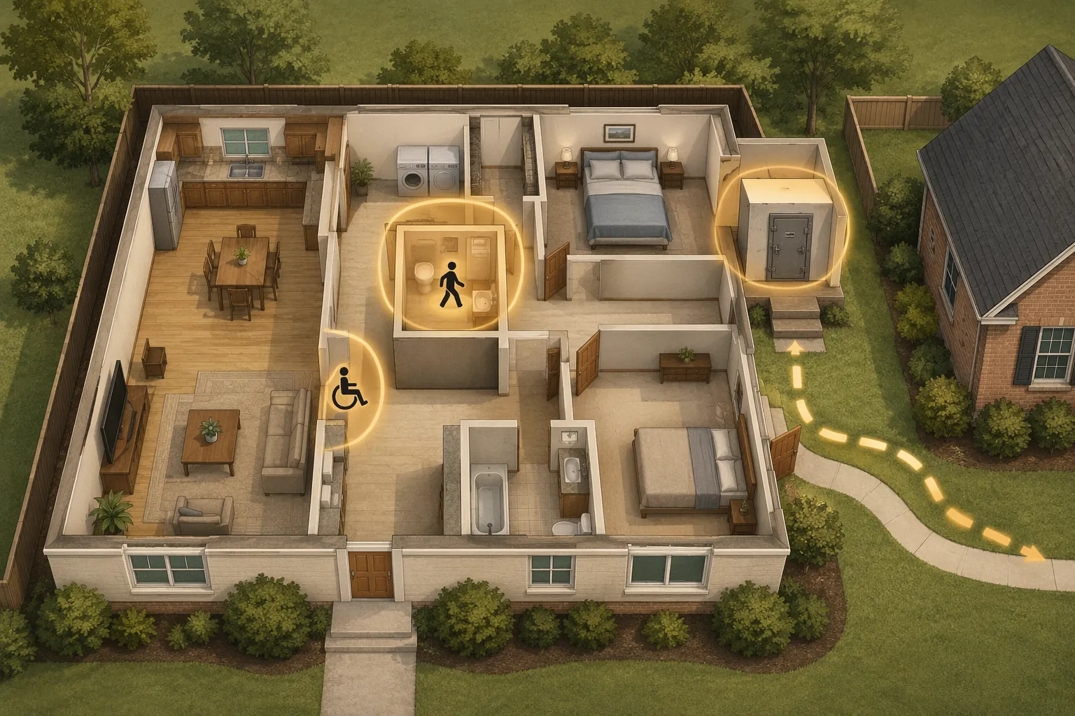 Single-story house floor plan showing interior shelter locations and a path to a neighbor's building
