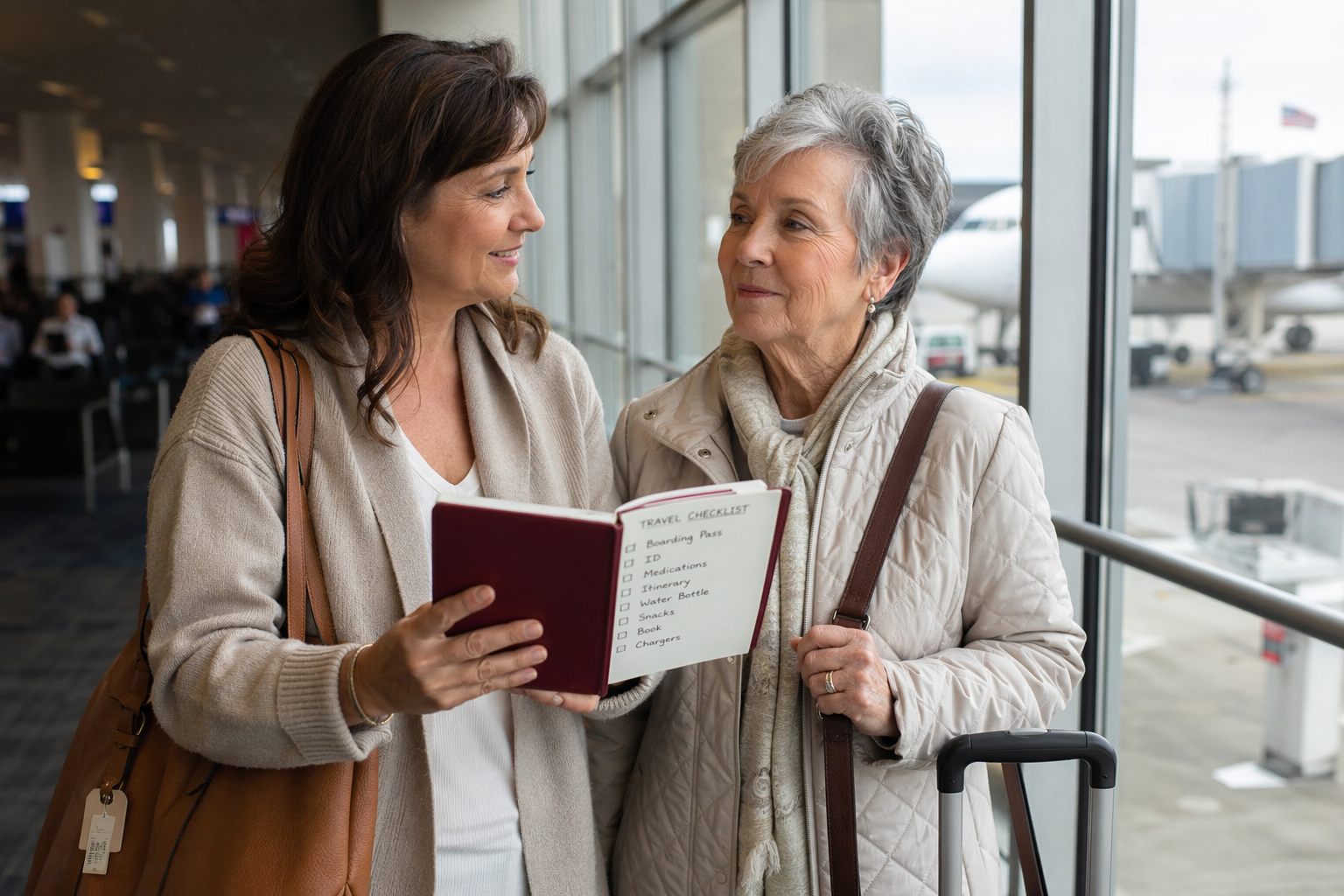Adult daughter and older parent at an airport gate with a travel folder before boarding