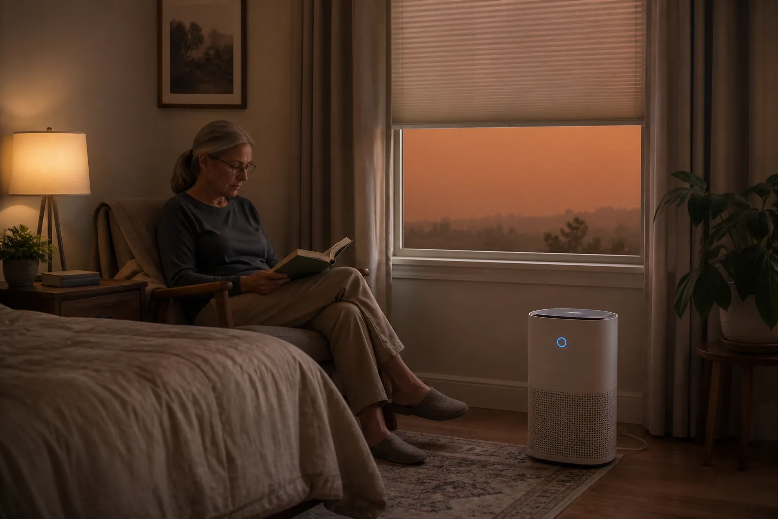 Closed-window room with an older adult reading while a portable air cleaner runs and hazy orange-red air is visible outside