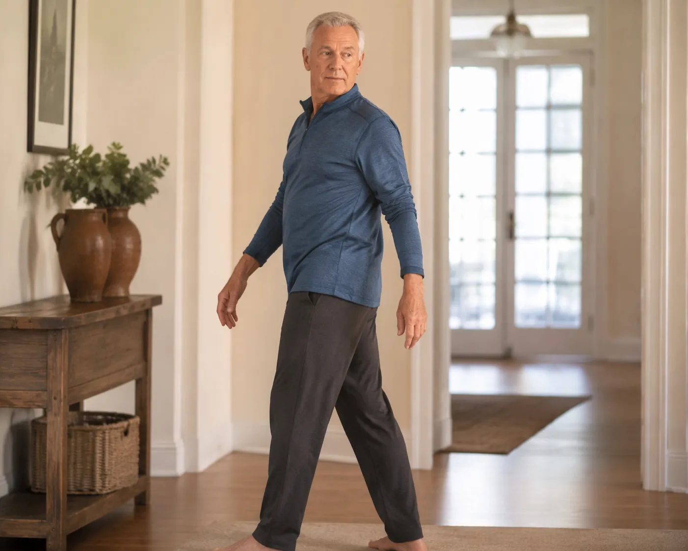 Older adult performing a gentle controlled trunk rotation in a bright hallway