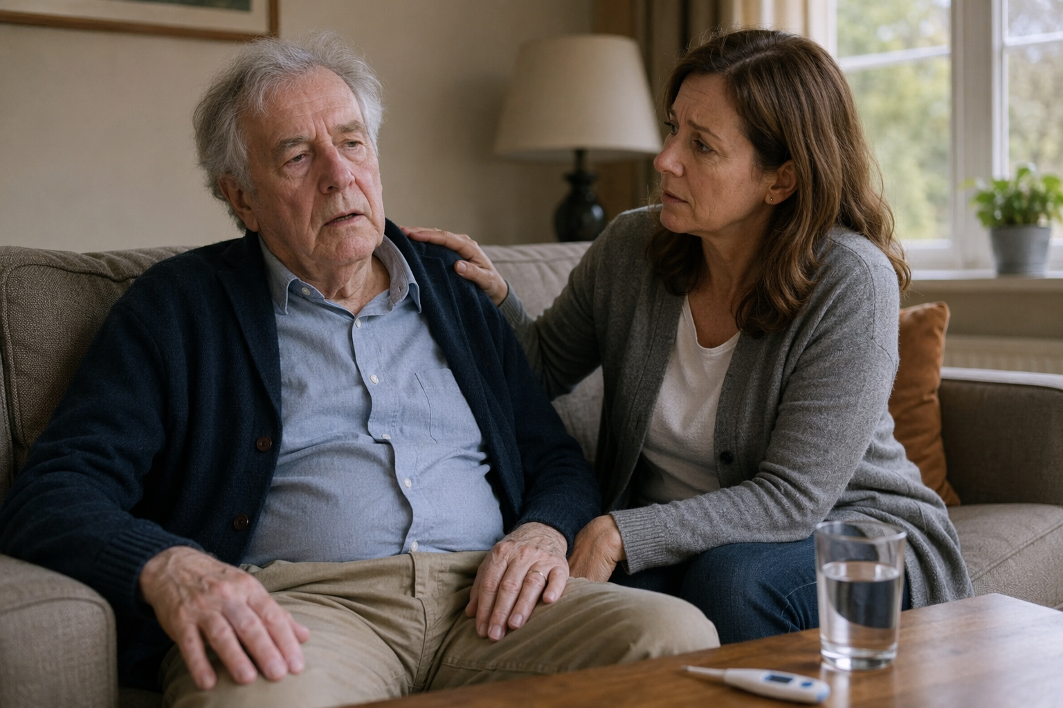 Older man sitting dazed and flushed on a sofa while a concerned middle-aged woman sits beside him with a thermometer nearby