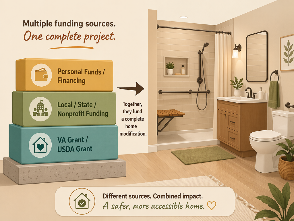 Stacking illustration showing three layers beneath a bathroom renovation: bottom layer 'VA Grant / USDA Grant' in soft teal, middle layer 'Local / State / Nonprofit Funding' in warm sage green, top layer 'Personal Funds / Financing' in muted gold. Clean flat vector style.