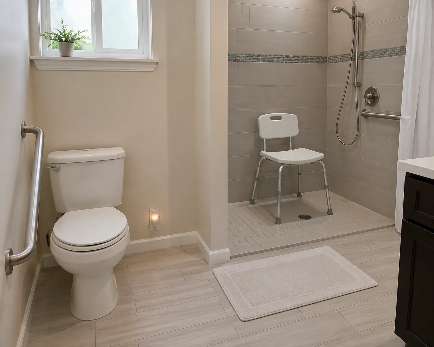 Accessible bathroom with grab bar, shower chair, handheld shower head, non-slip mat, and nightlight