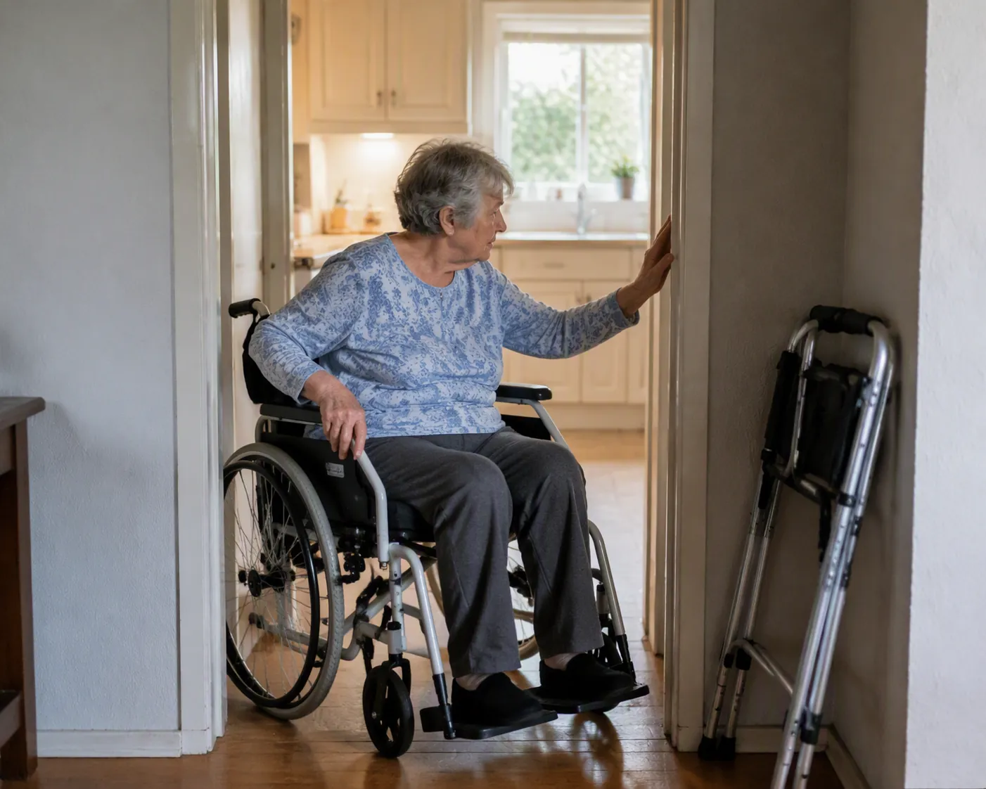 Elderly woman in a wheelchair checks whether the chair clears a narrow interior doorway