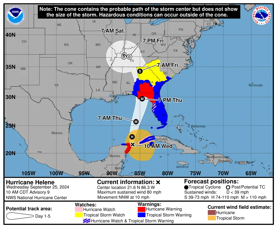 National Hurricane Center five-day track forecast cone with forecast points and coastal watch and warning shading