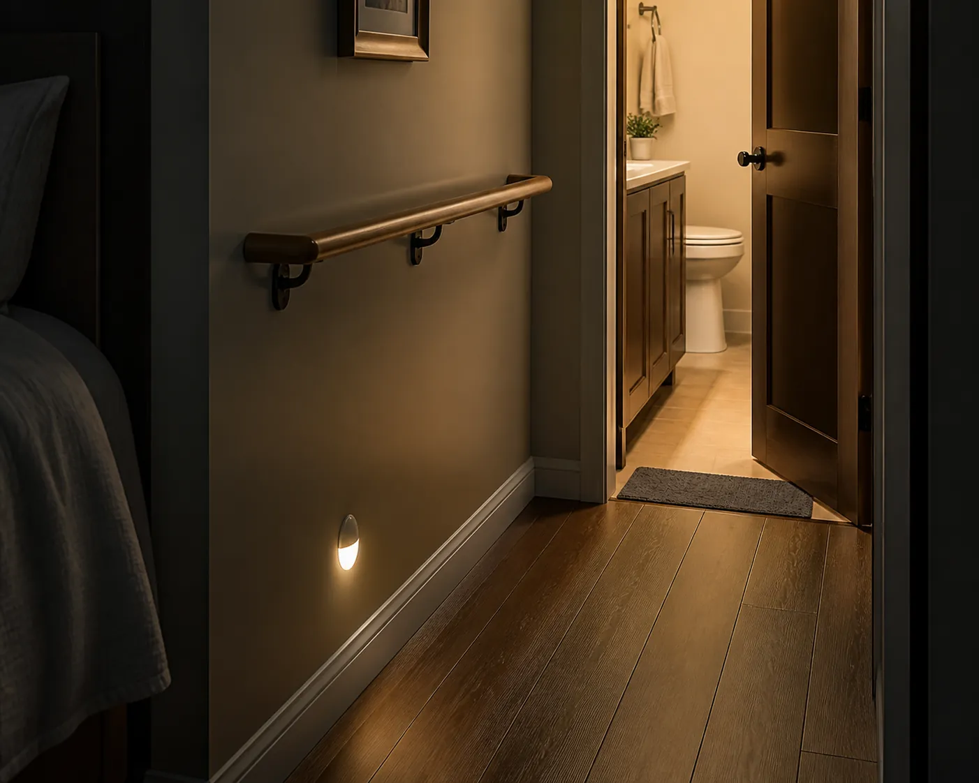 Nighttime hallway from bedroom to bathroom with grab bar, night light, clear path, and non-slip bathroom threshold