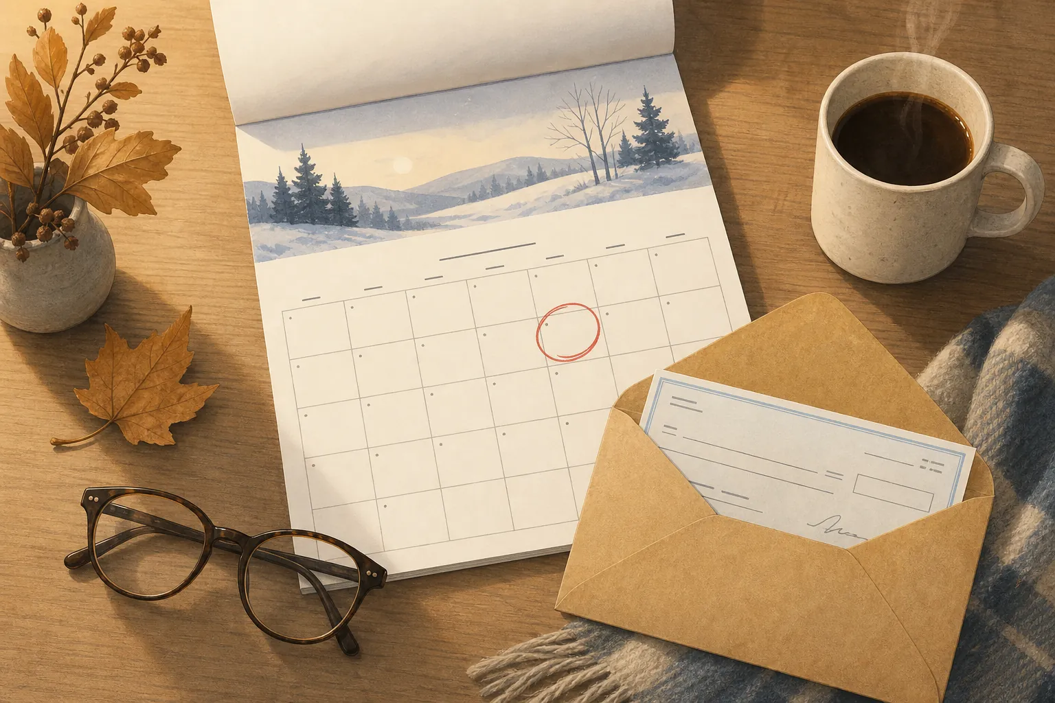 Kitchen table with a January calendar, benefit envelope, reading glasses, and coffee cup