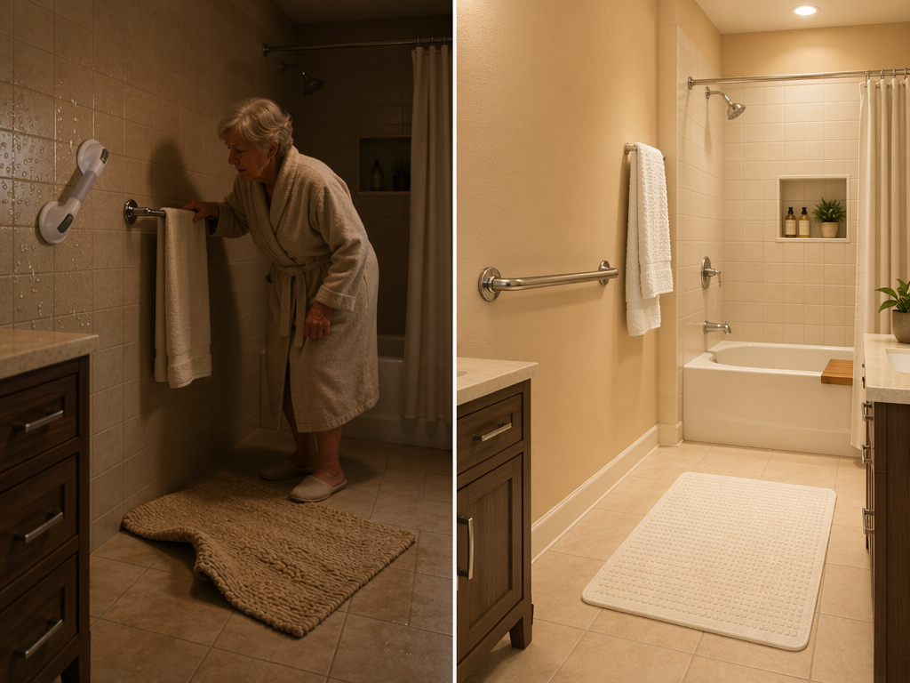 Split comparison showing unsafe bathroom modifications on the left (suction-cup grab bar, towel bar used as grab bar, throw rug) and correct OT-recommended safety on the right (anchored grab bar, non-slip mat, bright lighting).