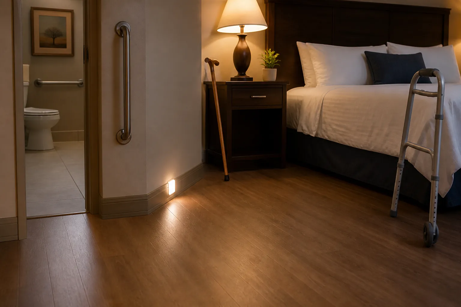 Temporary hotel room arranged for older adult safety with clear walkway, nightlight, grab bar, cane, and walker