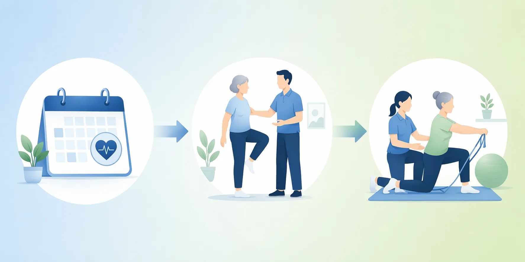 Illustration of a wellness visit leading to a fall assessment and physical therapy