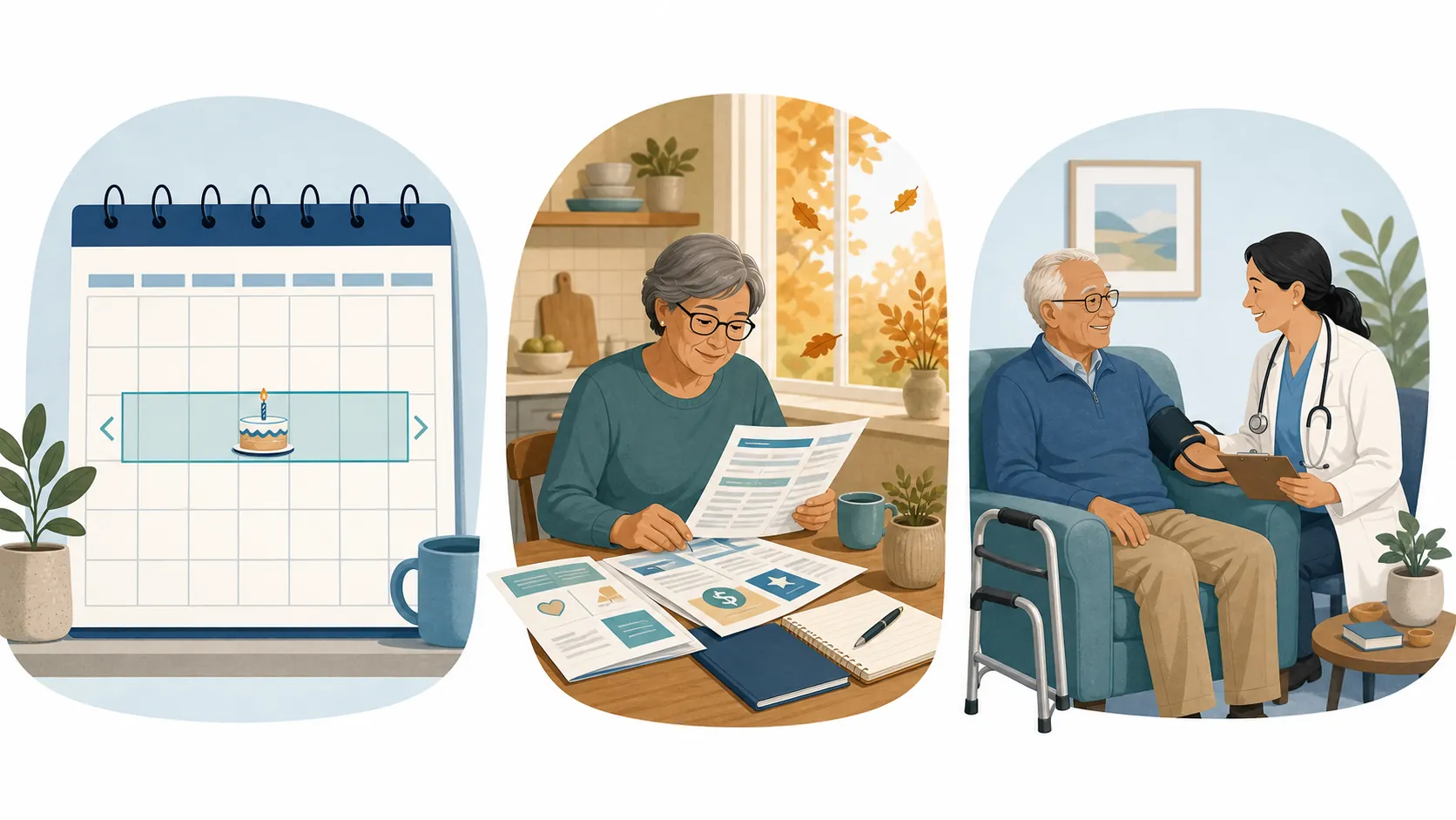 Three scenes showing Medicare timing, fall plan review, and a wellness visit with mobility equipment