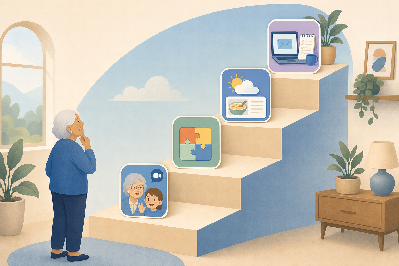 A gentle staircase illustration with four ascending levels. Each level has an icon: a video call with a grandchild, a puzzle game app, an information lookup, and an independent task. A small figure stands at the base looking upward.