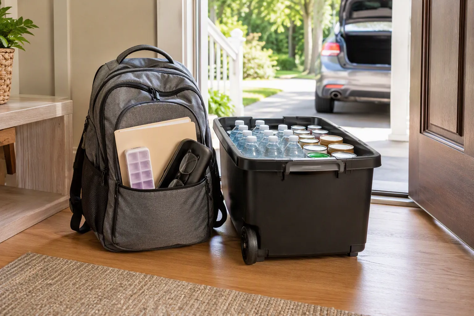 Backpack with medication organizer, eyeglasses case, and document folder next to a wheeled tub of bottled water and canned food by an open doorway