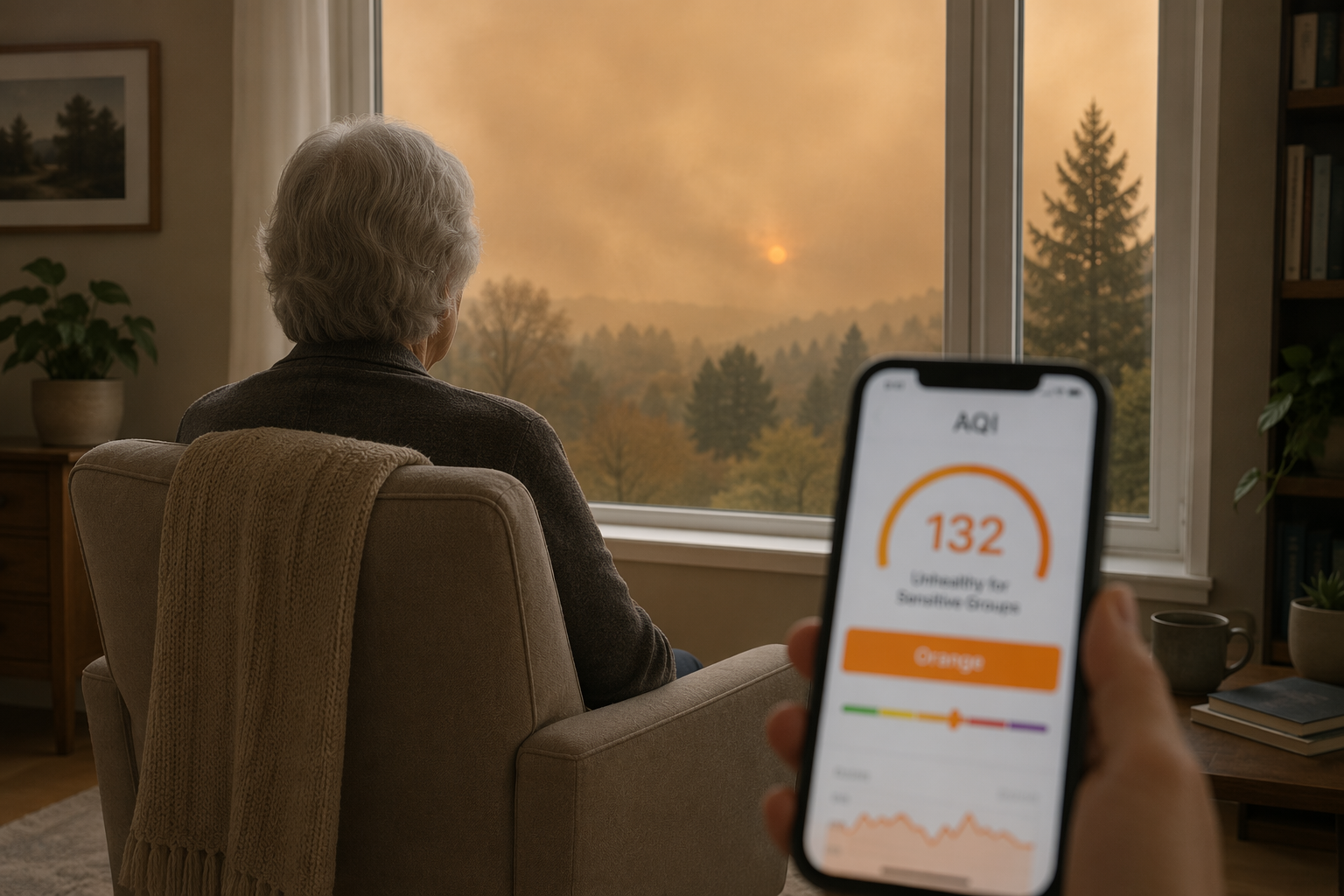 Caregiver checking an AQI app while an older adult sits near a window with smoky orange sky outside