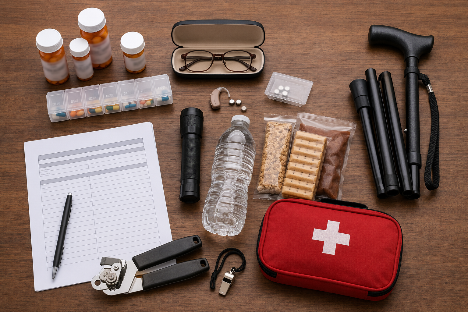 Senior-specific earthquake emergency kit with medications, eyeglasses, hearing aid batteries, flashlight, water, snacks, whistle, first-aid kit, and medical contact sheet