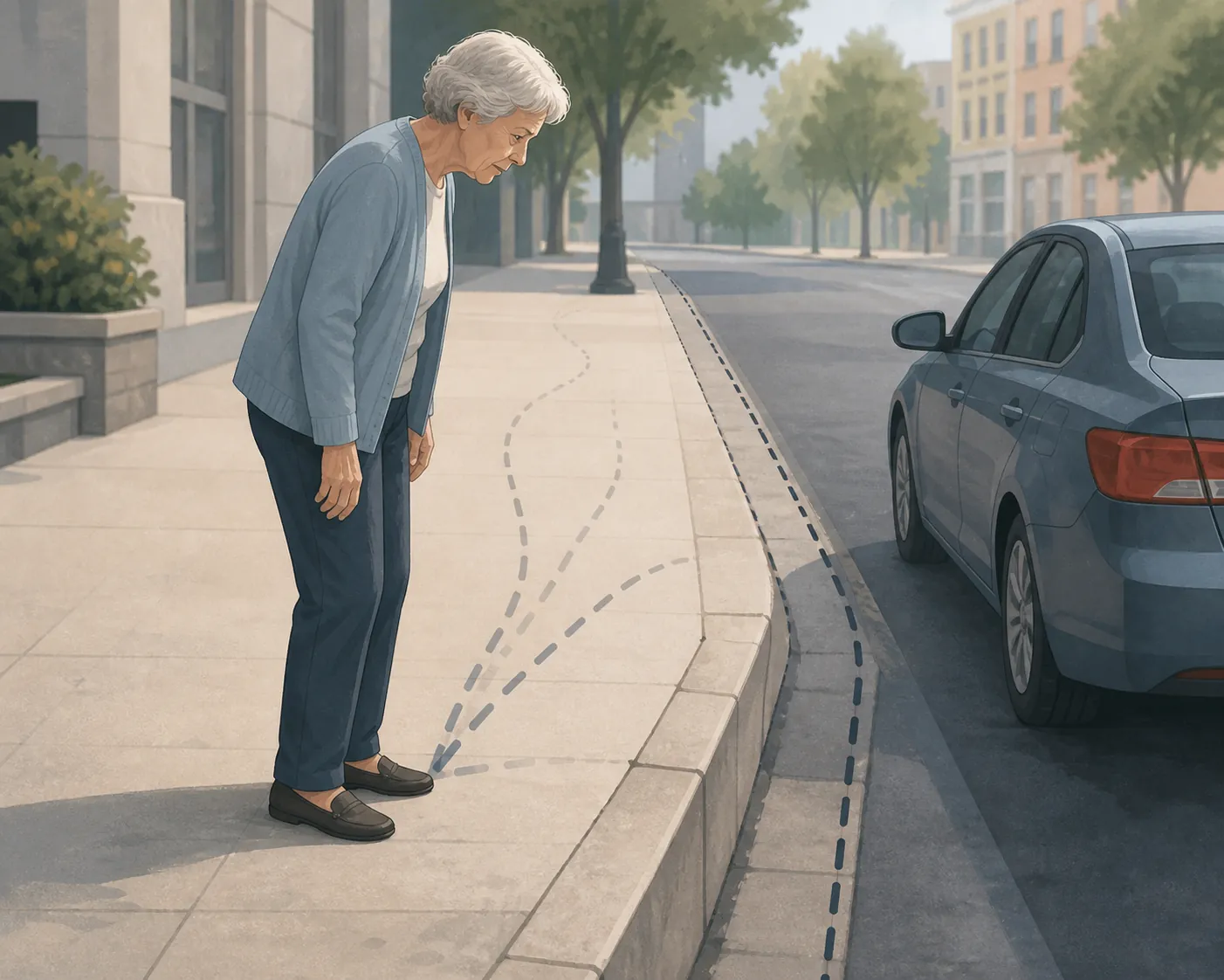 Older adult standing uncertainly at a sidewalk curb while judging the distance to step down
