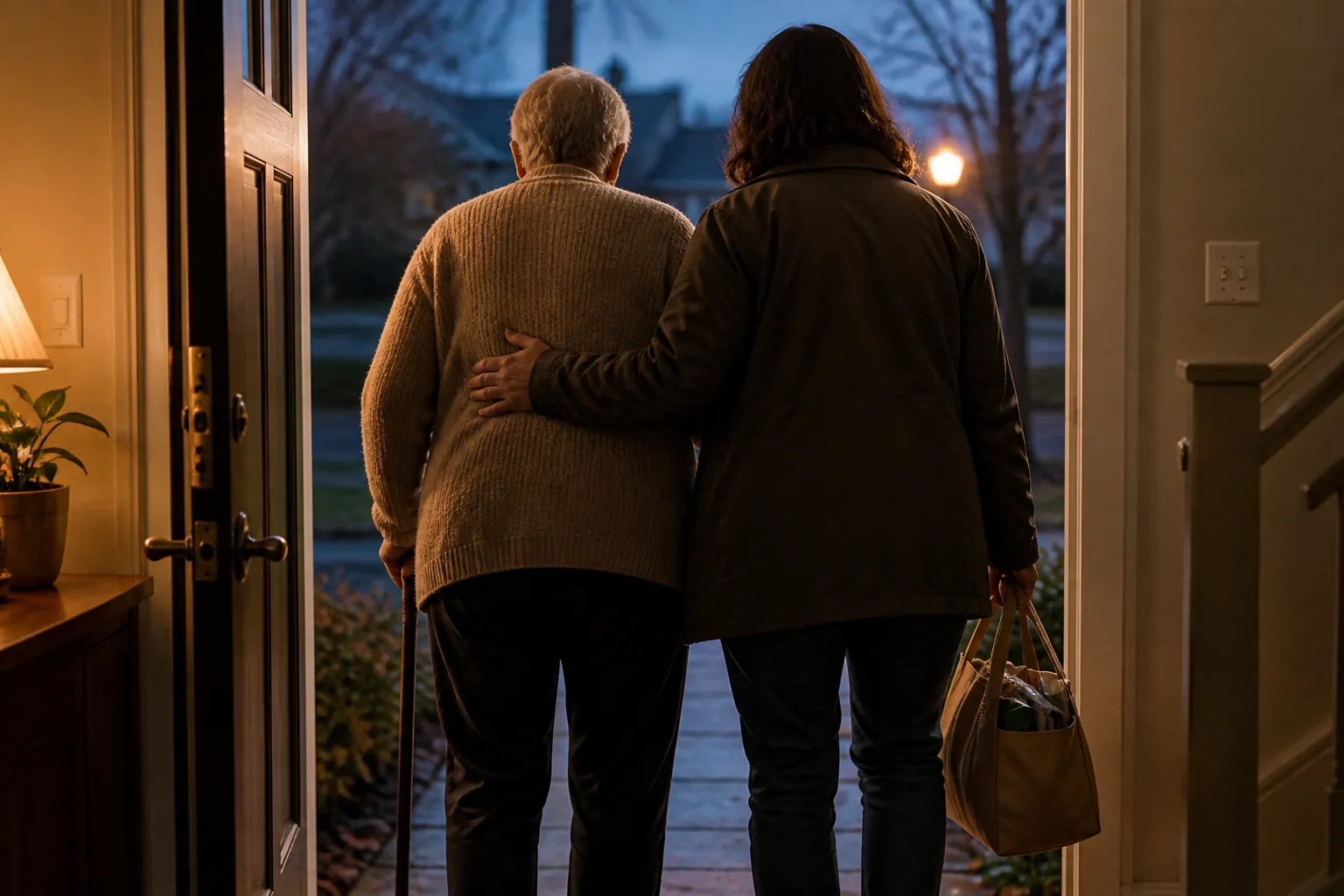 Caregiver guiding an older adult out of a warm dim home through an open door into cooler evening air