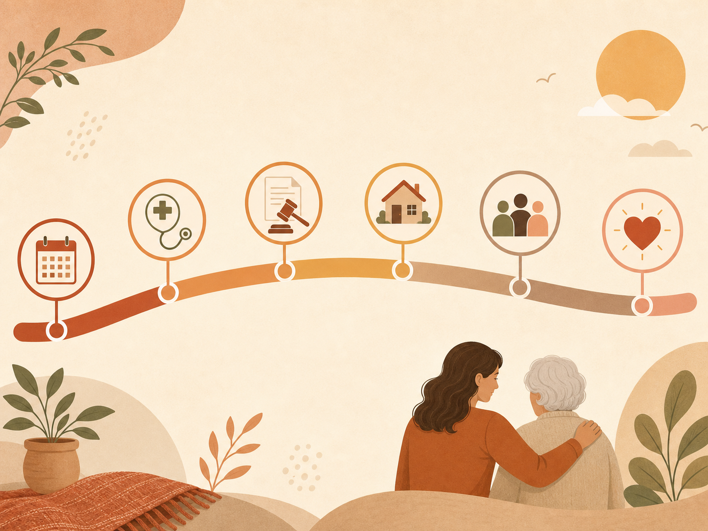 A gently curving horizontal timeline on a cream background, divided into segments marked with icons: a calendar, a medical cross, a legal document, a house silhouette, a group of people, and a heart. Warm earth tones throughout.